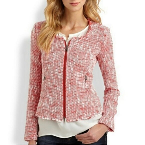 Joie Collis Tweed Blazer Size Small Zip Front Red White Textured - Picture 10 of 10